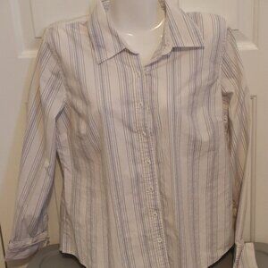 Izod Womens button down dress shirt Size Large White /Blue/ Silver stripes